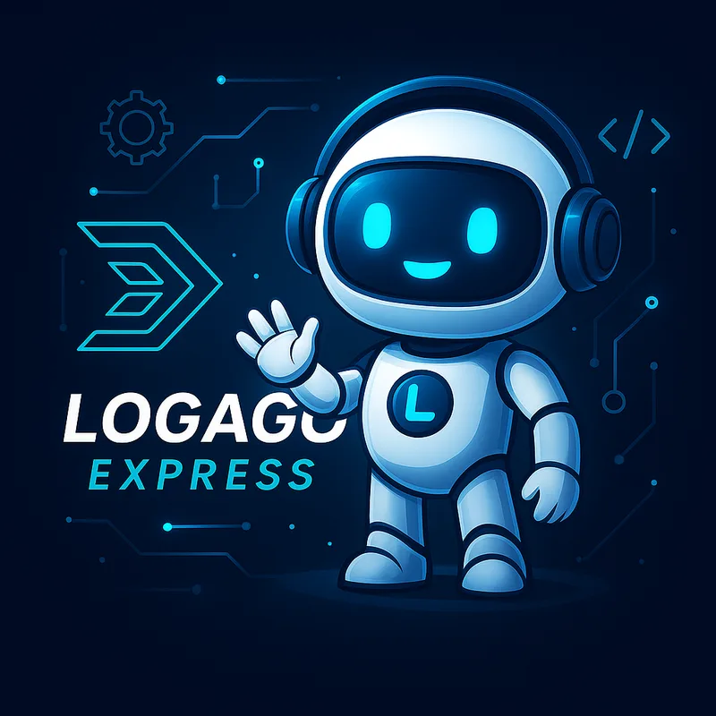 Mascote da Logago Express, um robô azul que representa a marca